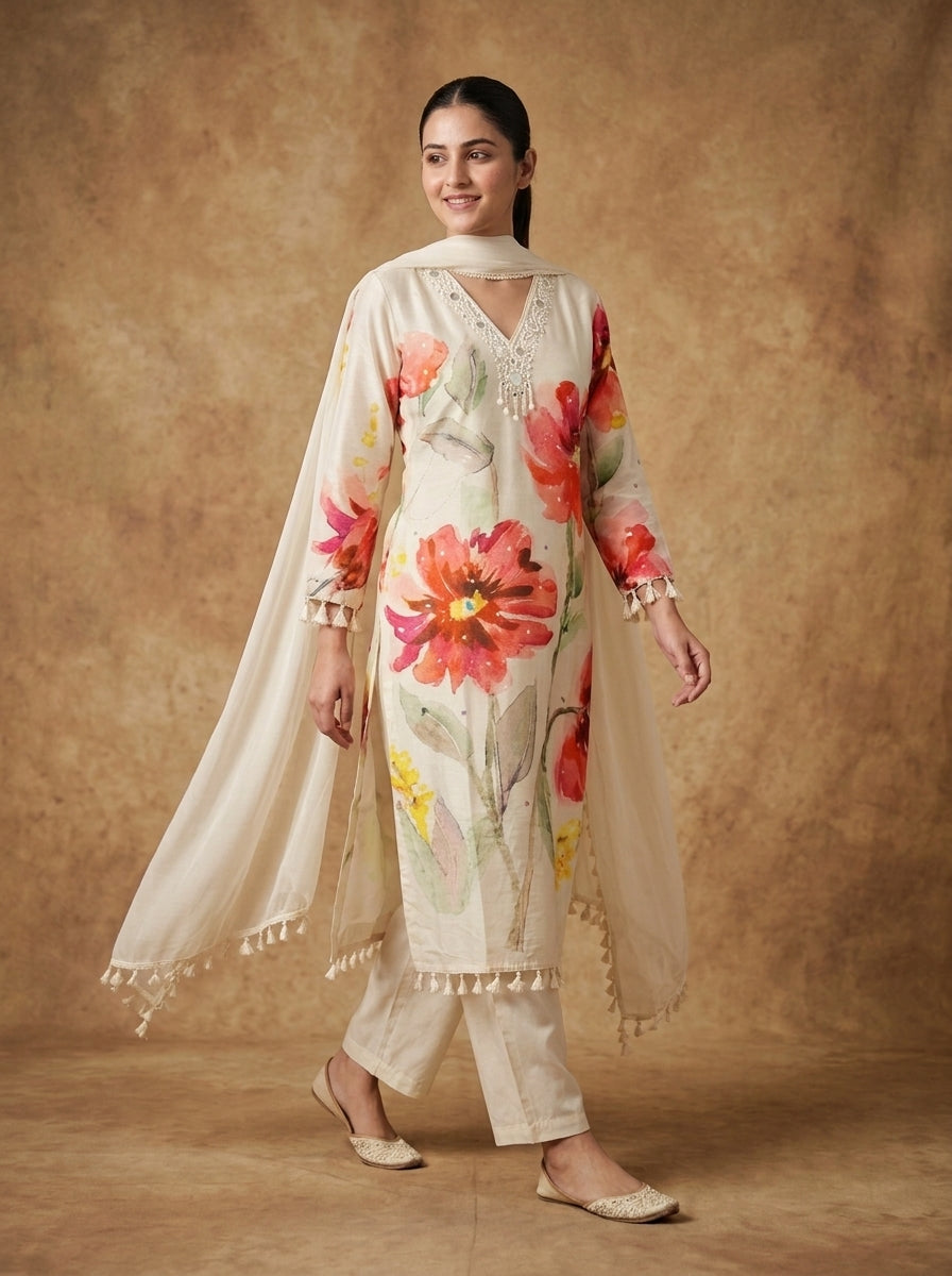 Ivory Watercolour Floral Cotton Kurta Set for Women – Straight Suit with Dupatta
