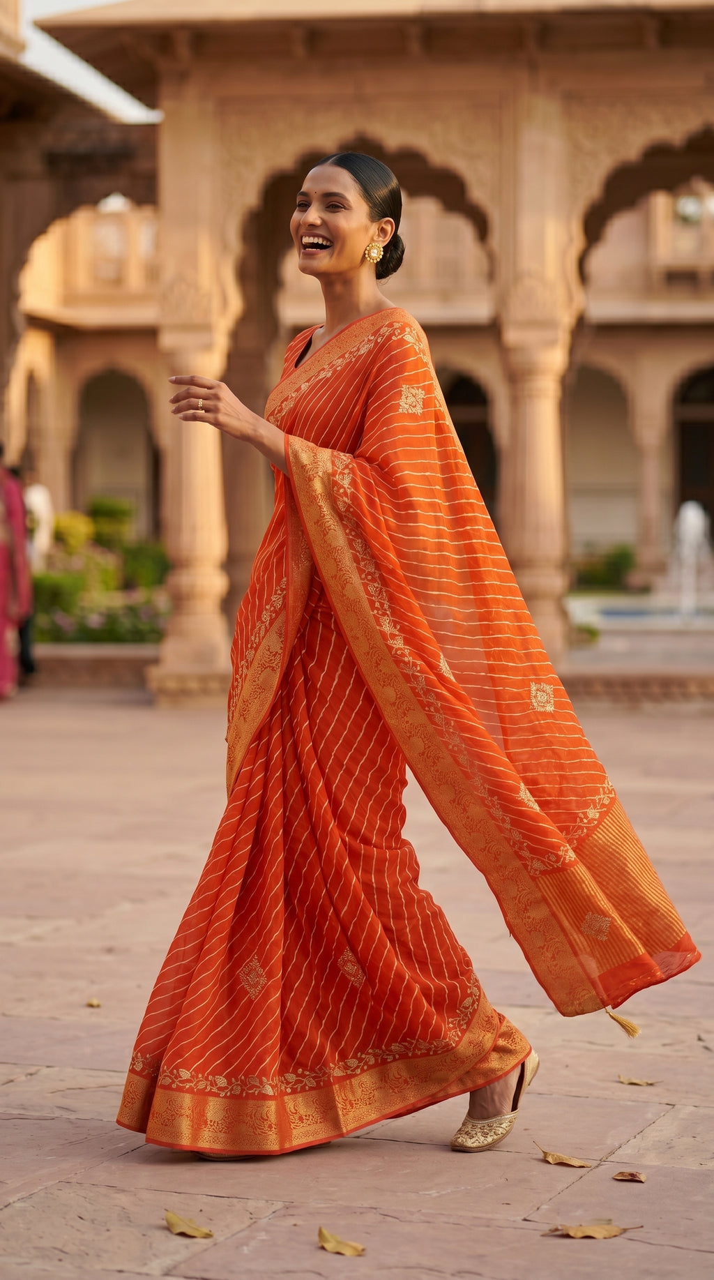 Orange Leheriya Georgette Saree with Gold Zari Border & Blouse Piece