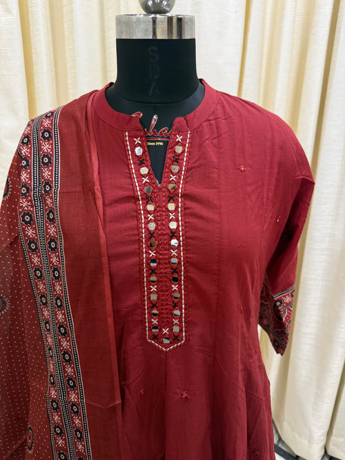 Brick Red Ajrakh Print Cotton Anarkali Suit for Women – Block Print Ethnic Kurta