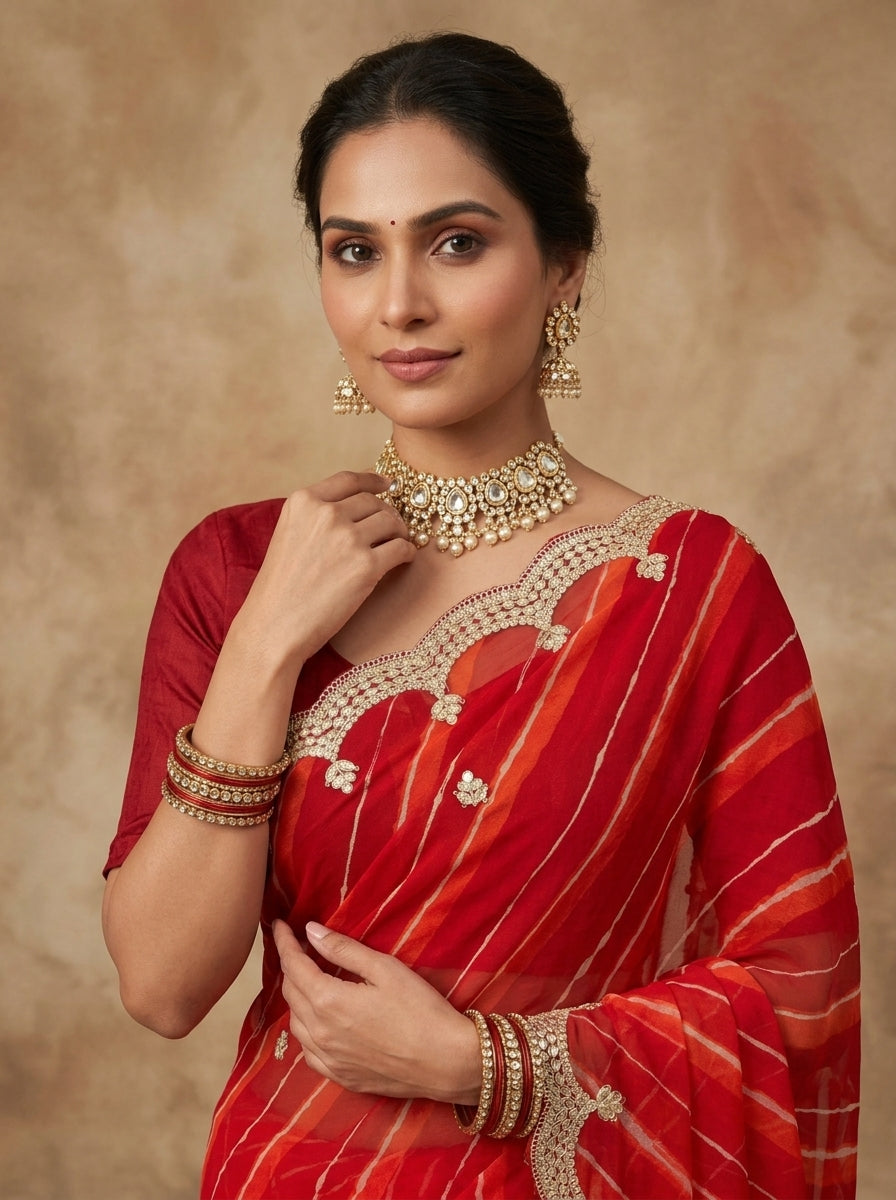 Red Leheriya Georgette Saree with Pearl Scalloped Border