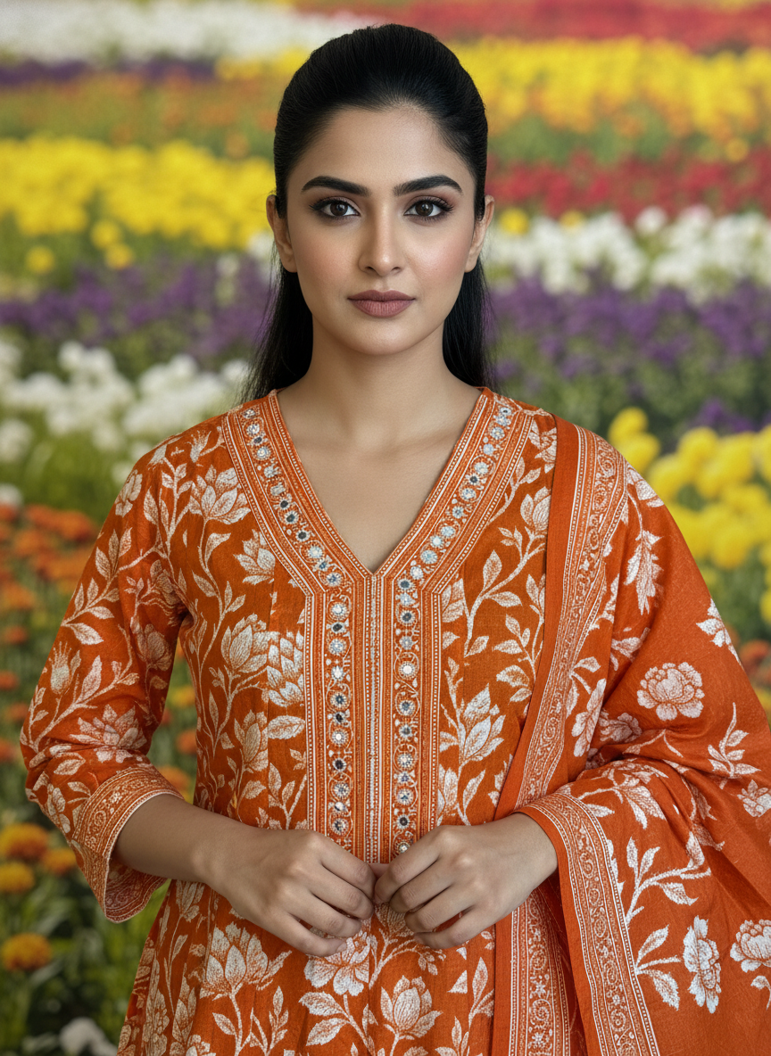 Rust Orange Floral Cotton Anarkali Kurta Set for Women – Printed Palazzo Suit