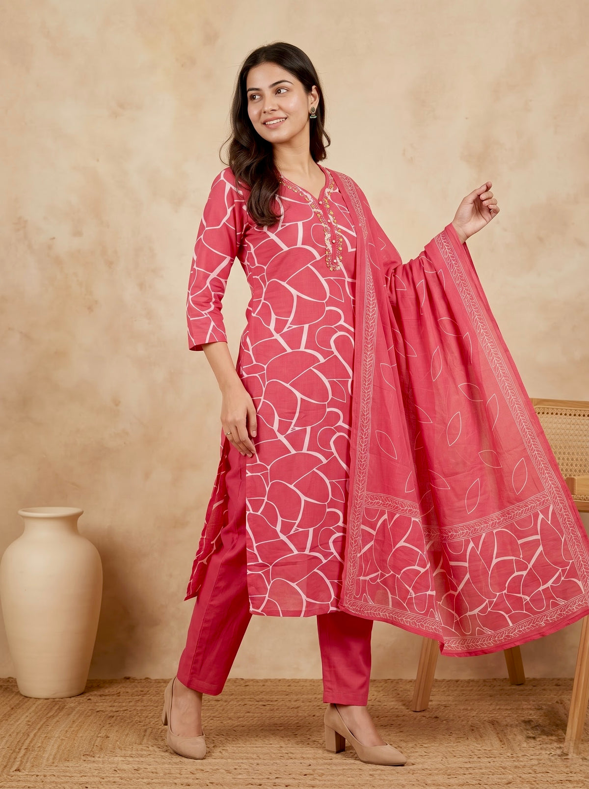 Rose Pink Heart Print Premium Cotton Kurta Set
