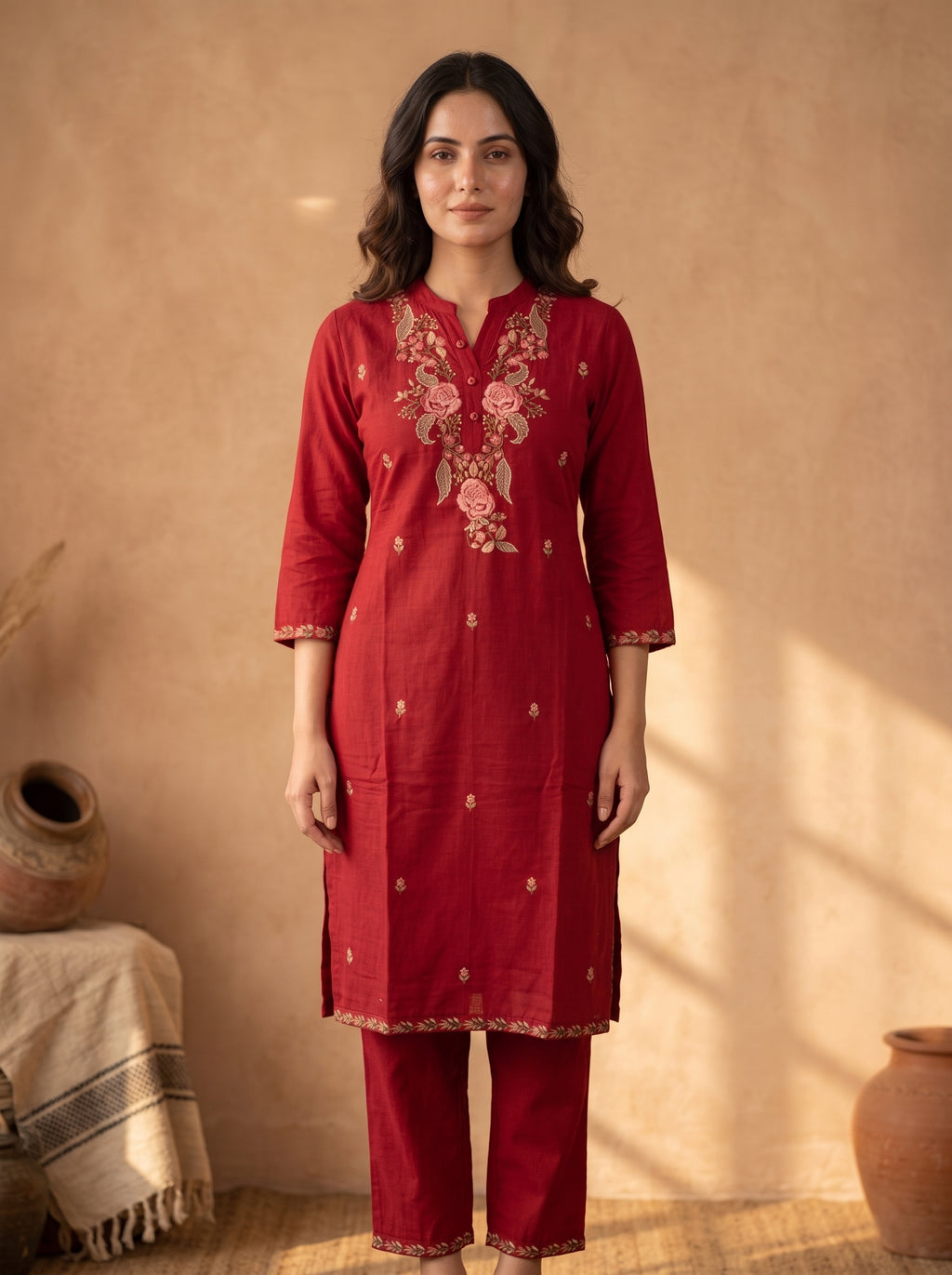 Red Floral Embroidered Linen Cotton Kurta Pant Set