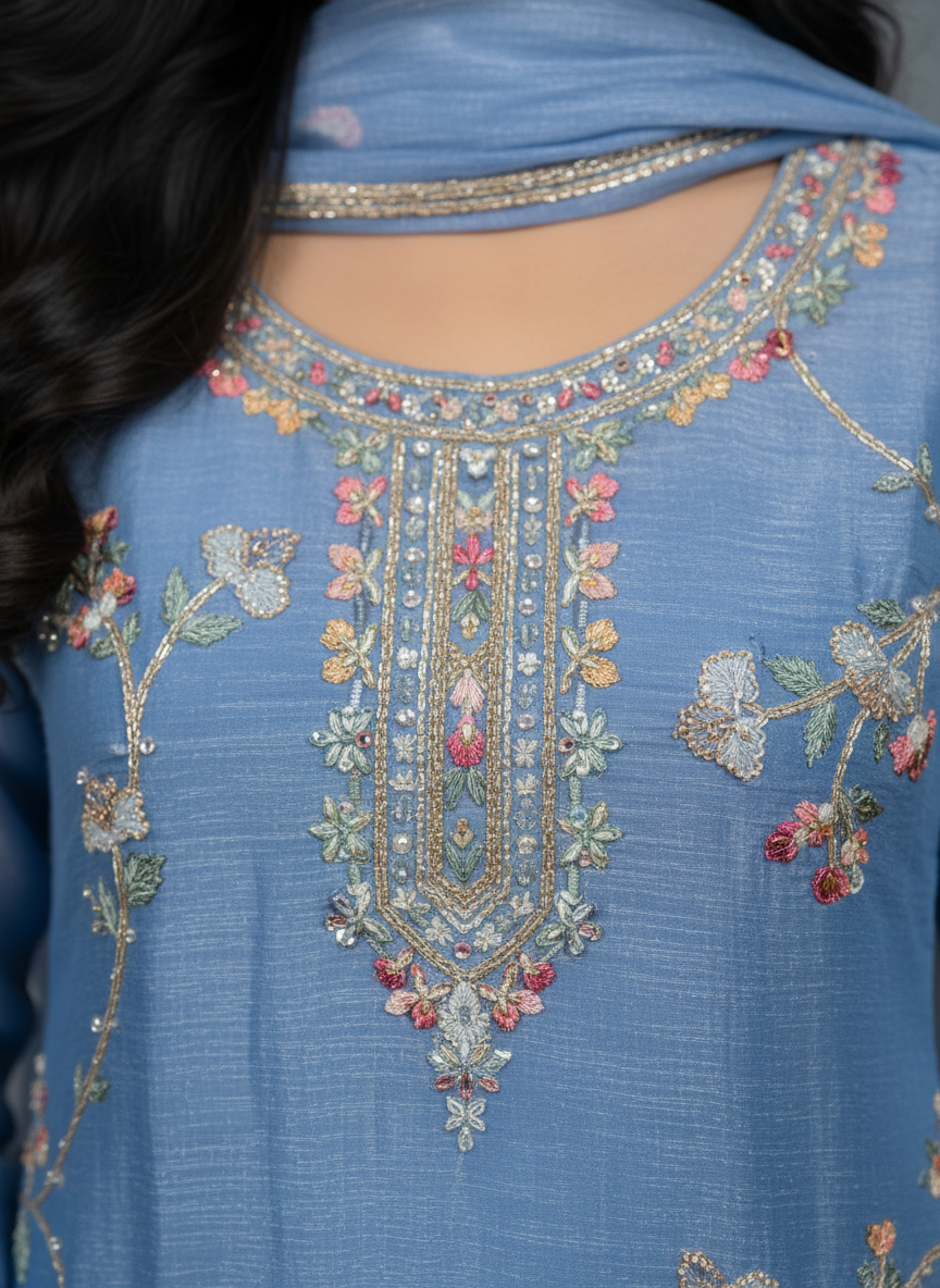 Powder Blue Floral Embroidered Kurta Set – Serenity