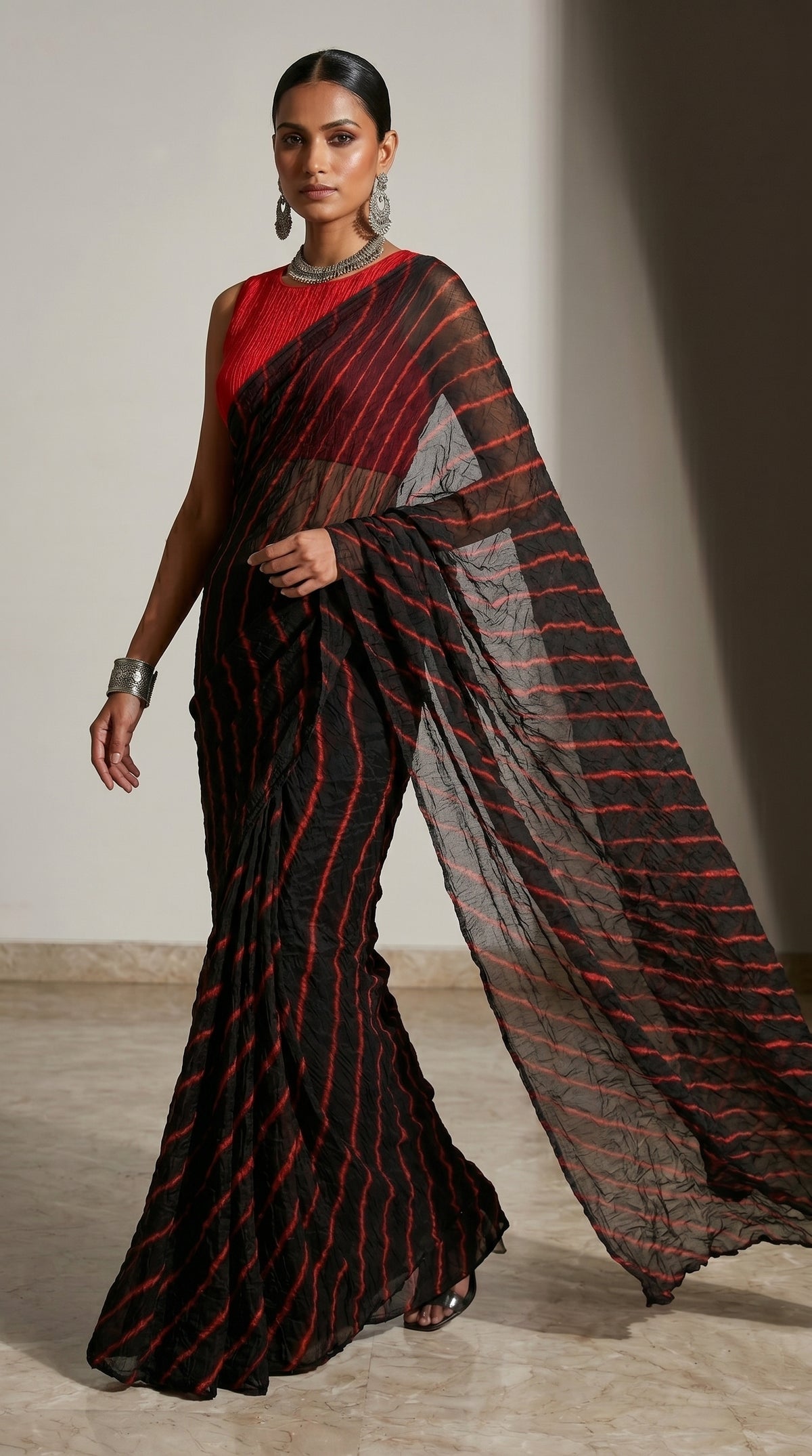 Black & Red Leheriya Georgette Saree with Blouse Piece