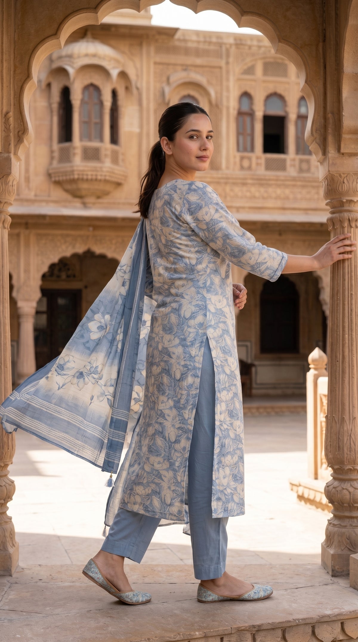 Blue Floral Print Cotton Kurta Set – Straight Suit with Dupatta