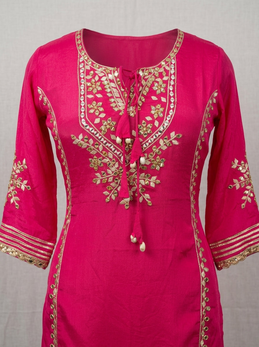 Rani Pink Gota Patti Embroidered Kurta Sharara Set with Dupatta