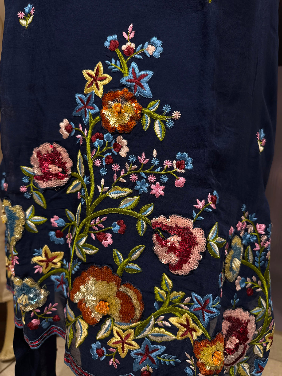 Navy Blue Embroidered Suit Set with Organza Dupatta | Label RS