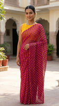 Rani Pink & Yellow Leheriya Georgette Saree with Blouse Piece
