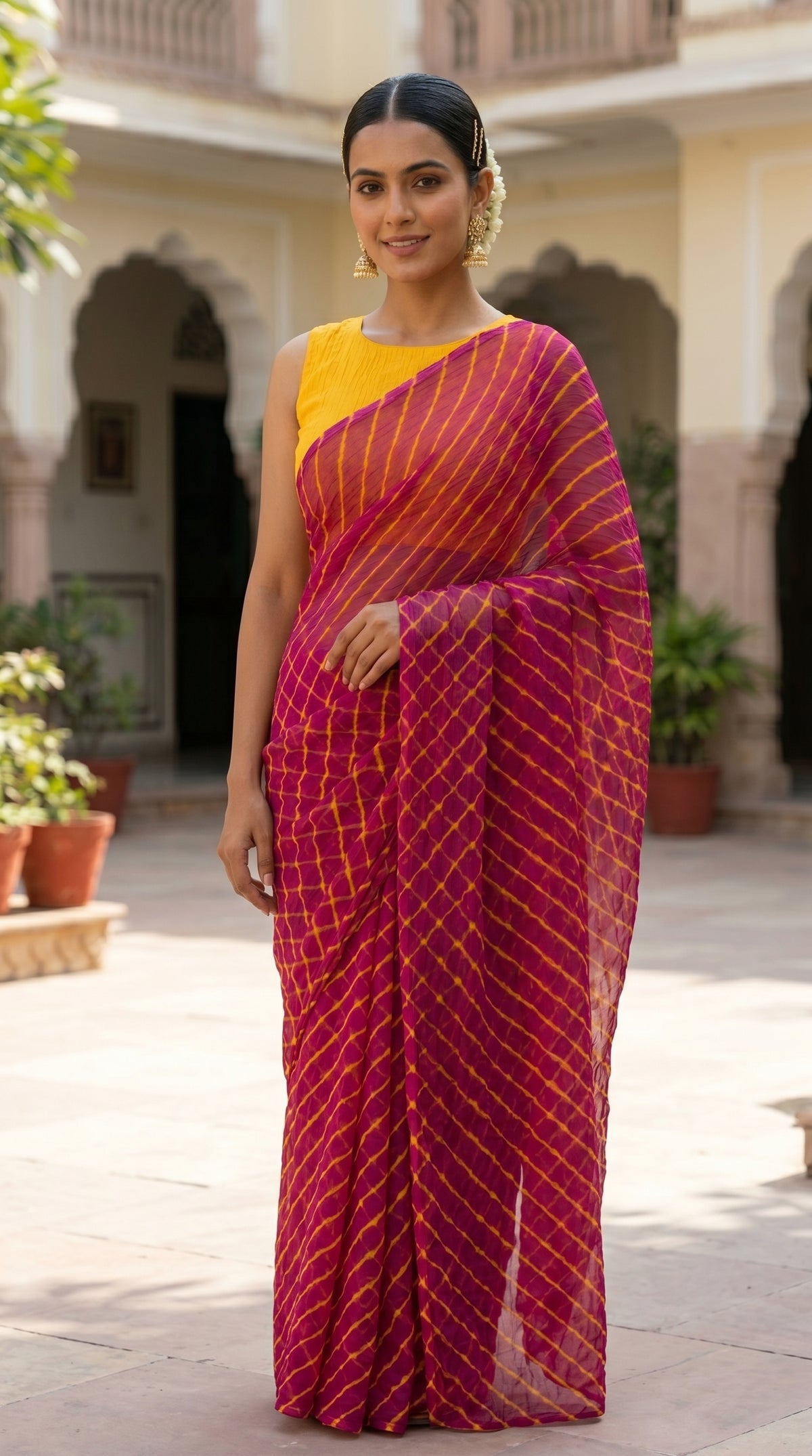 Rani Pink & Yellow Leheriya Georgette Saree with Blouse Piece