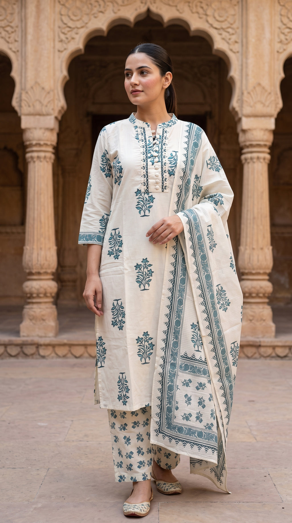 Ivory Teal Block Print Cotton Kurta Set for Women – Straight Suit with Dupatta