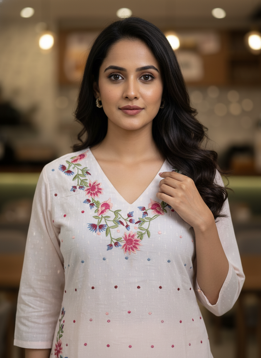 Nude Pink Embroidered Cotton Kurta Set for Women – Scalloped Hem Ethnic Suit