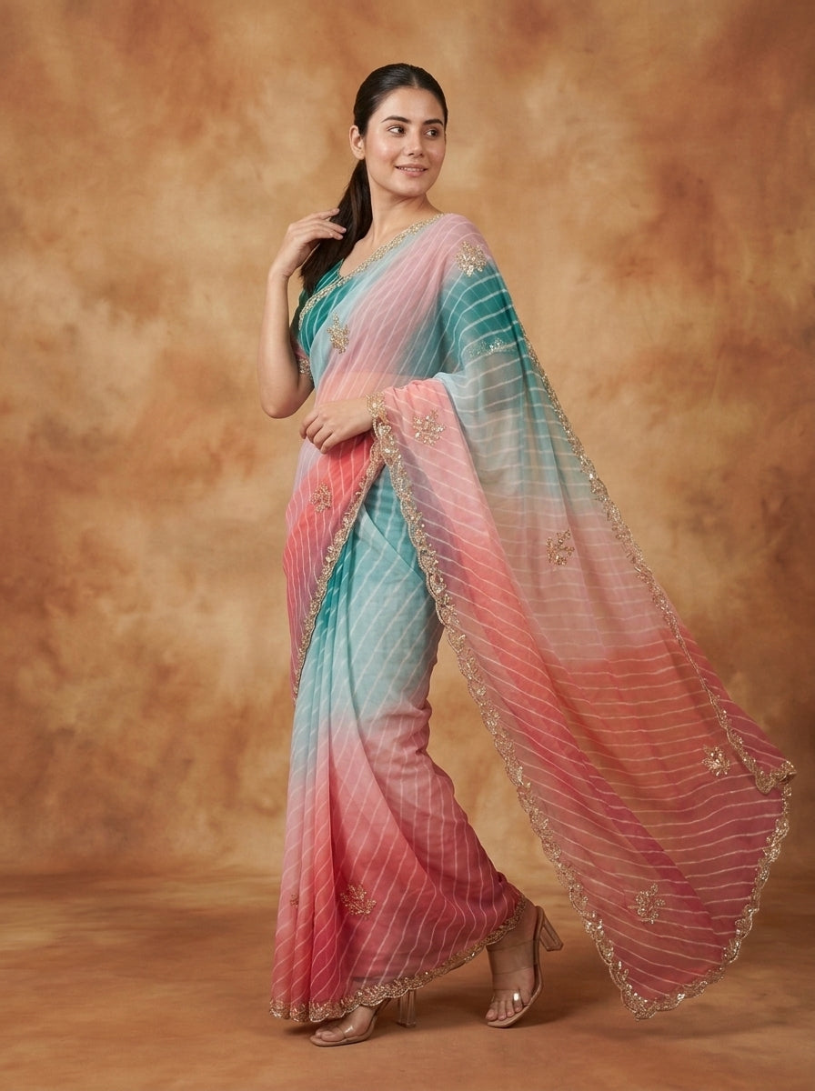 Teal Blue & Pink Leheriya Georgette Saree with Kat Dana Work & Blouse Piece