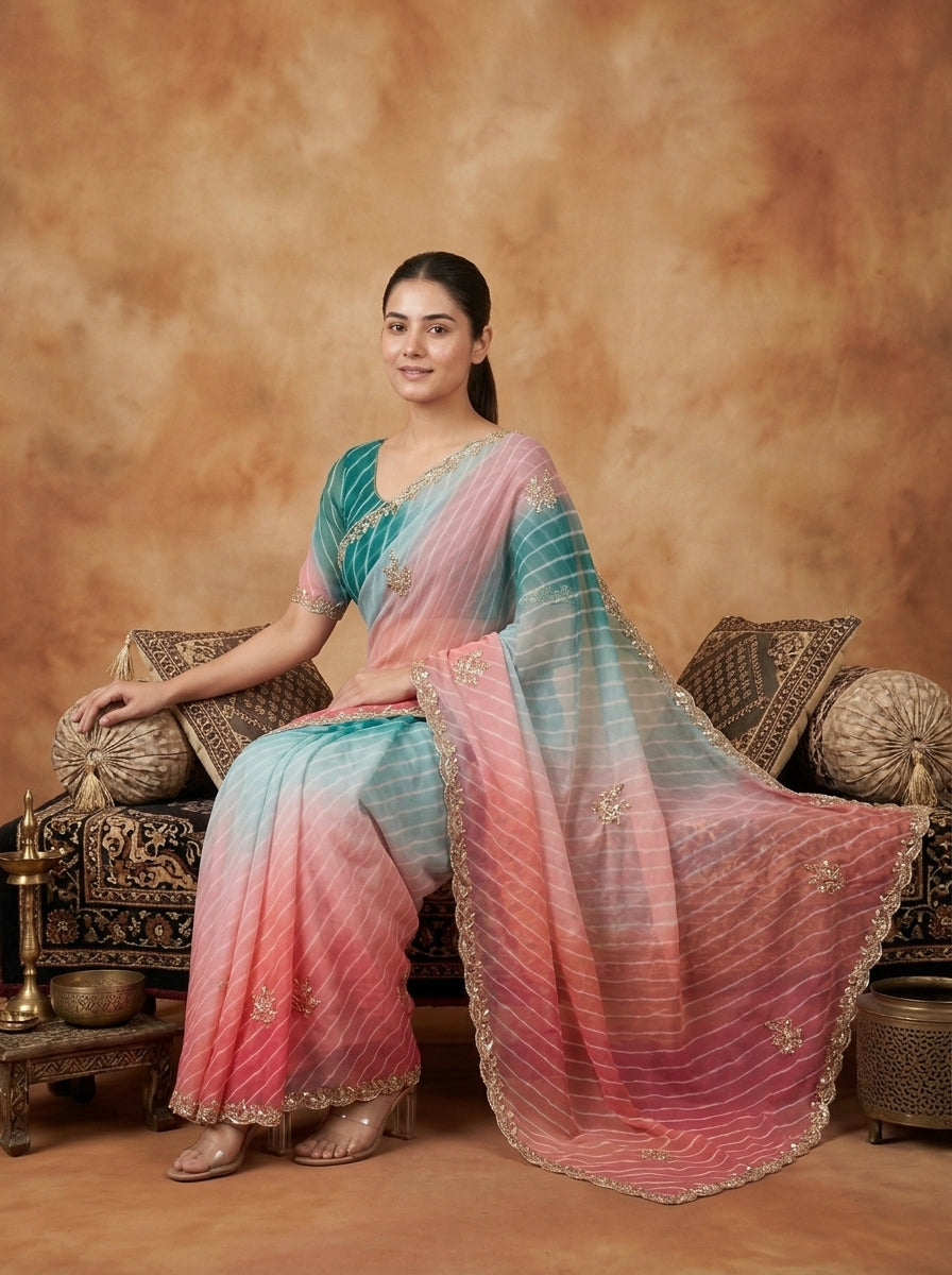 Teal Blue & Pink Leheriya Georgette Saree with Kat Dana Work & Blouse Piece