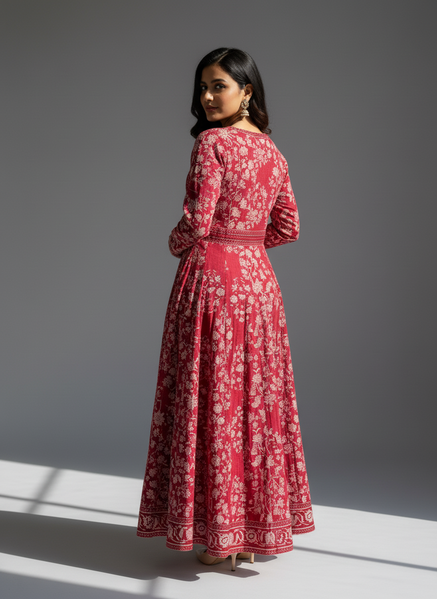 Maroon Floral Cotton Anarkali Suit for Women – Printed Daily Wear Kurta Set