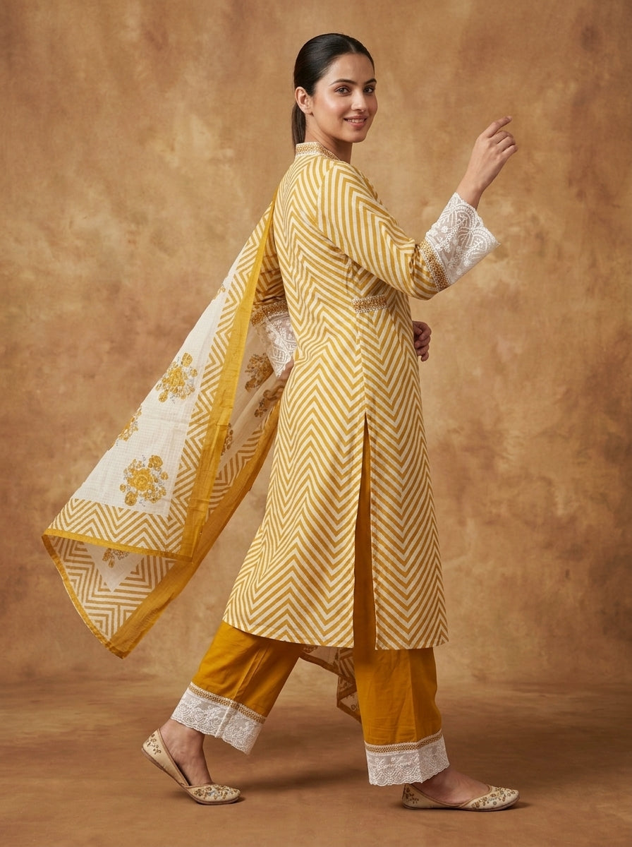 Mustard Chevron Print Cotton Kurta Set for Women – Straight Suit with Palazzo & Dupatta