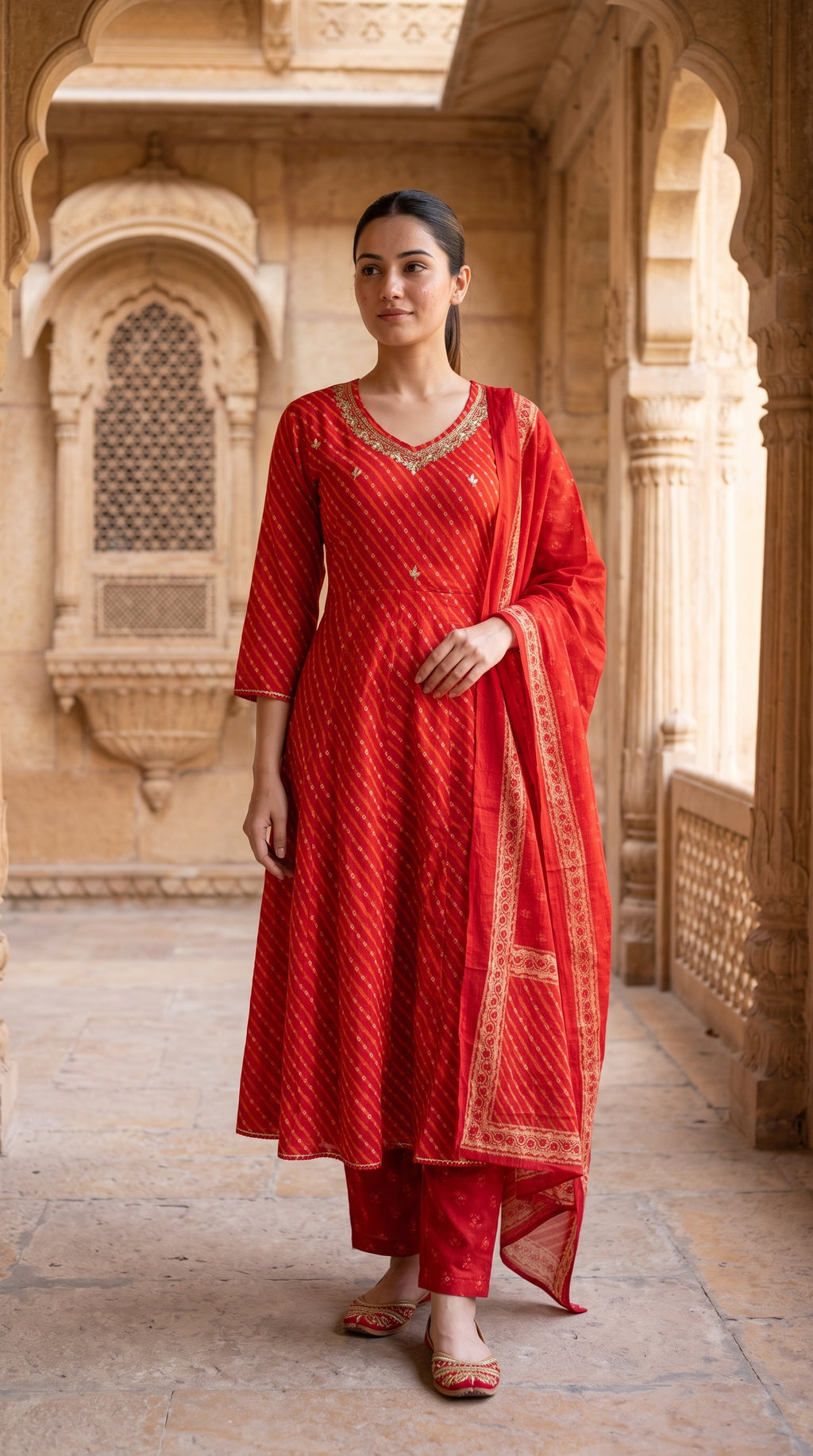 Orange  Leheriya Anarkali Cotton Kurta Set with Bandhani Dupatta