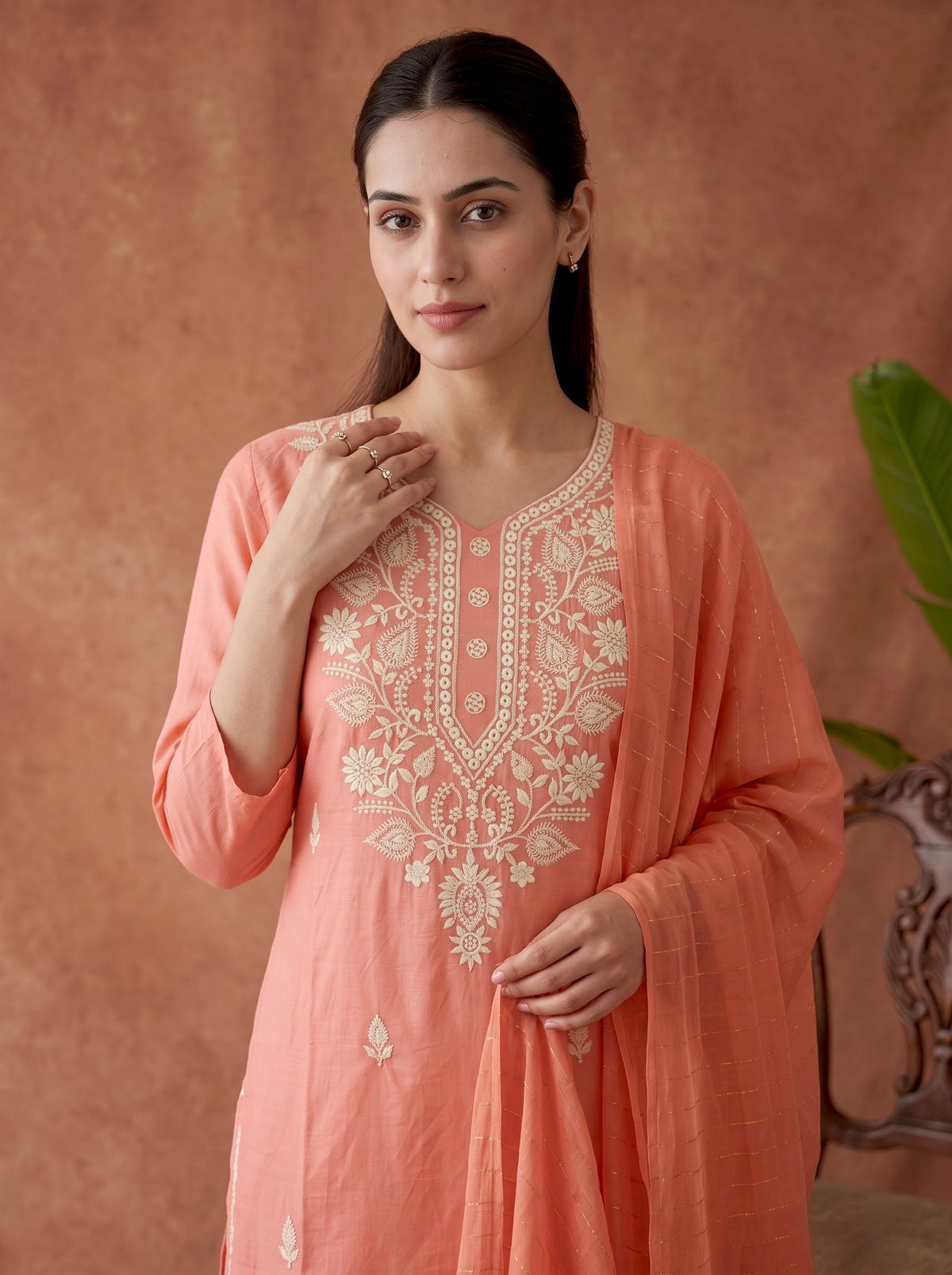 Peach Chikankari Embroidered Slub Cotton Kurta Set