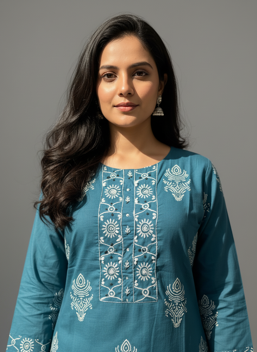 Teal Blue Mandala Print Cotton Kurta Set for Women – Daily Wear Ethnic Suit