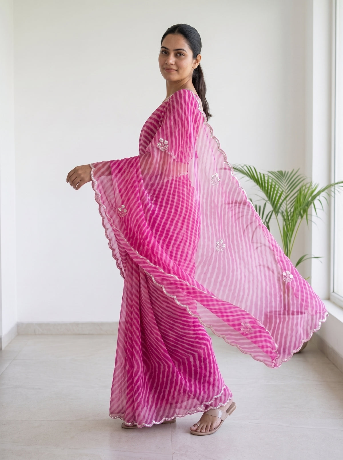 Pink Leheriya Georgette Saree with Pearl Work & Blouse Piece
