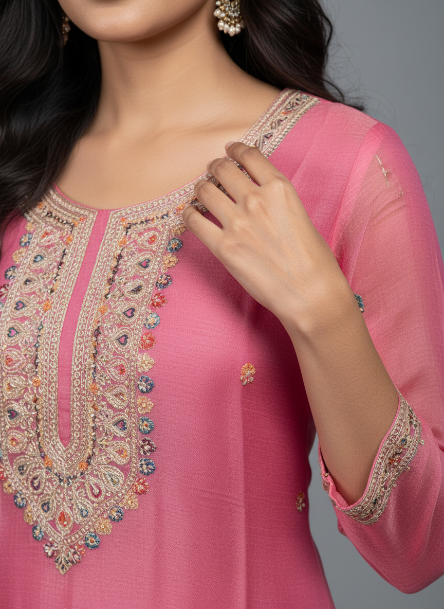 Rose Pink Floral Embroidered Georgette Suit Set – The Amara