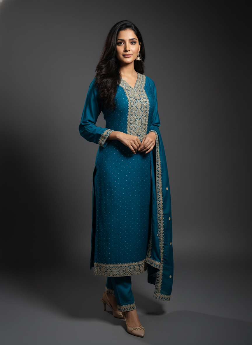 Regal Firozi Viscose Anarkali Suit Set with Heavy Gold Zari Embroidery