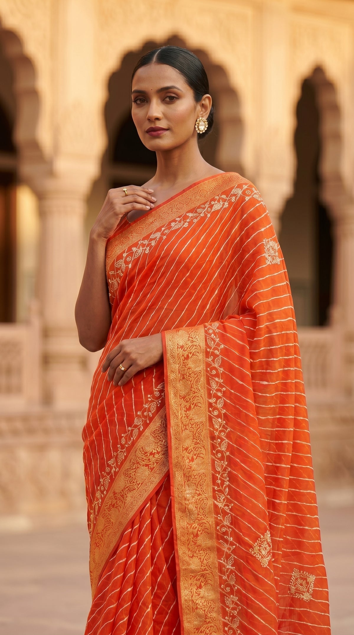 Orange Leheriya Georgette Saree with Gold Zari Border & Blouse Piece