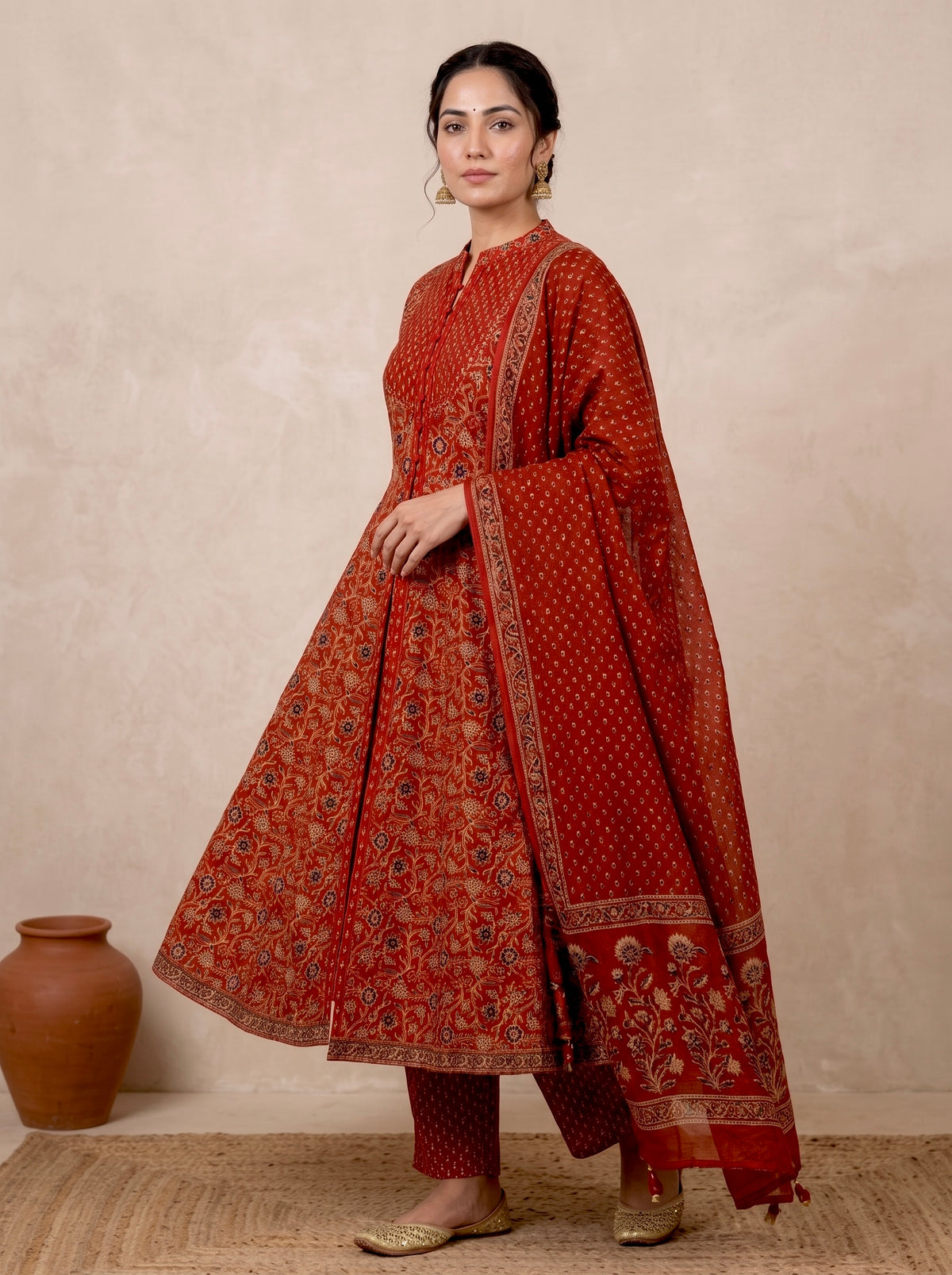Red Ajrakh Printed Front Slit Anarkali Set