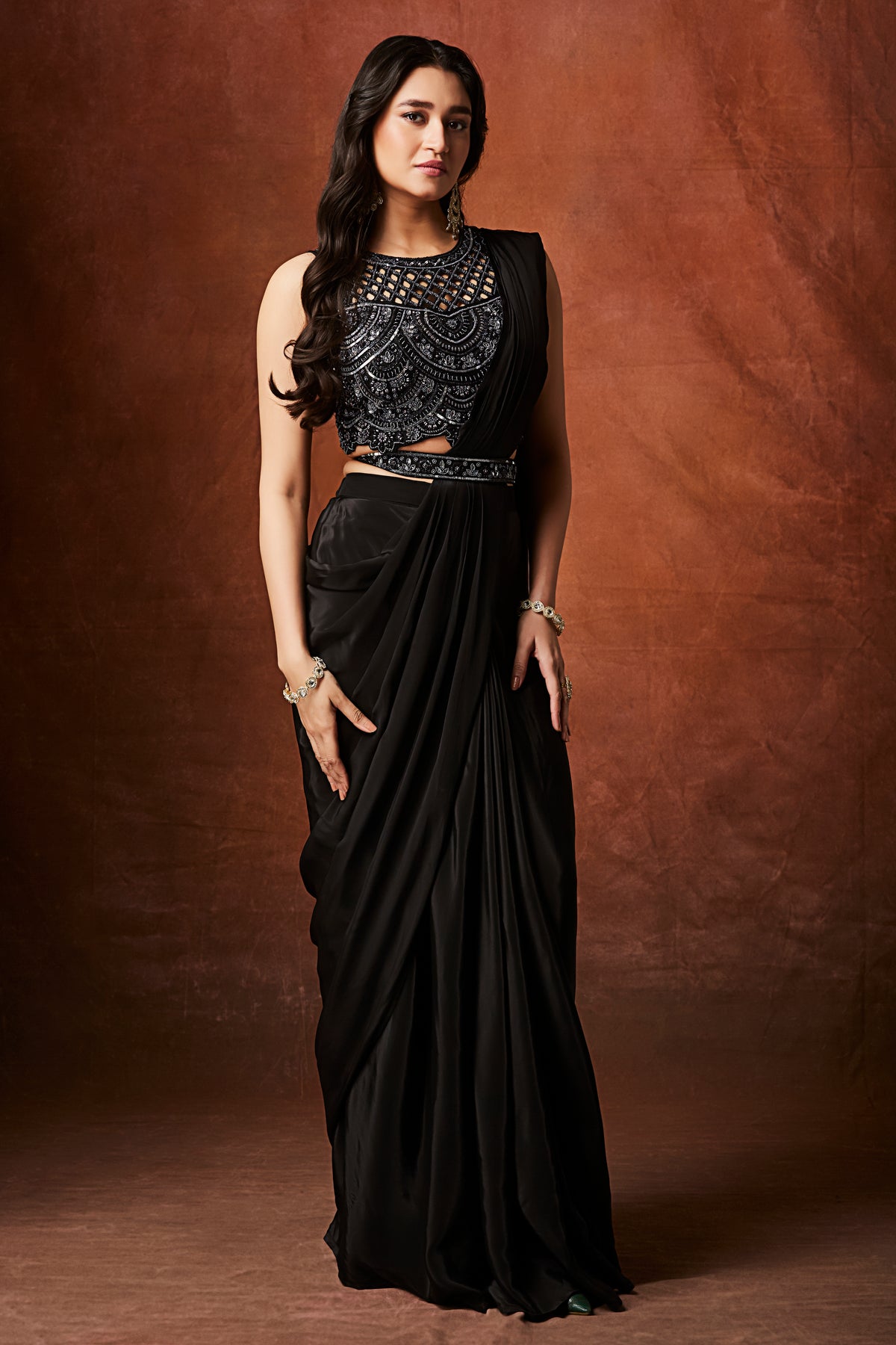Midnight Glamour Pre-Draped Sequin Saree – Black Cocktail Wear