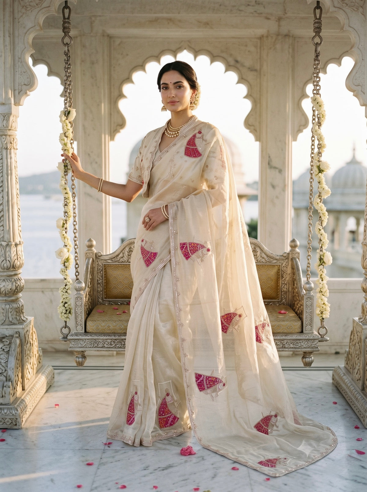 Ivory Organza Saree with Fuchsia Ghoomar Motif Embroidery