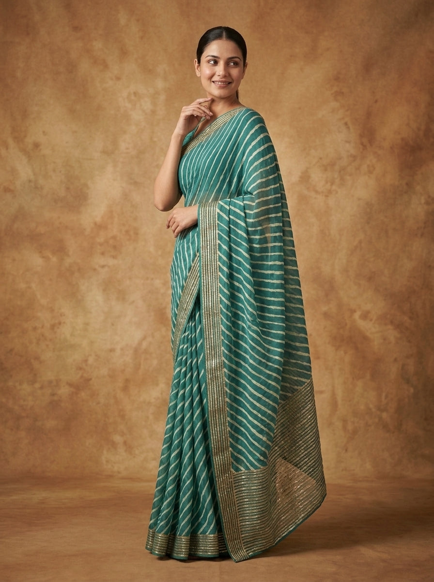 Teal Green Leheriya Modal Silk Saree for Women with Zari Border & Blouse Piece