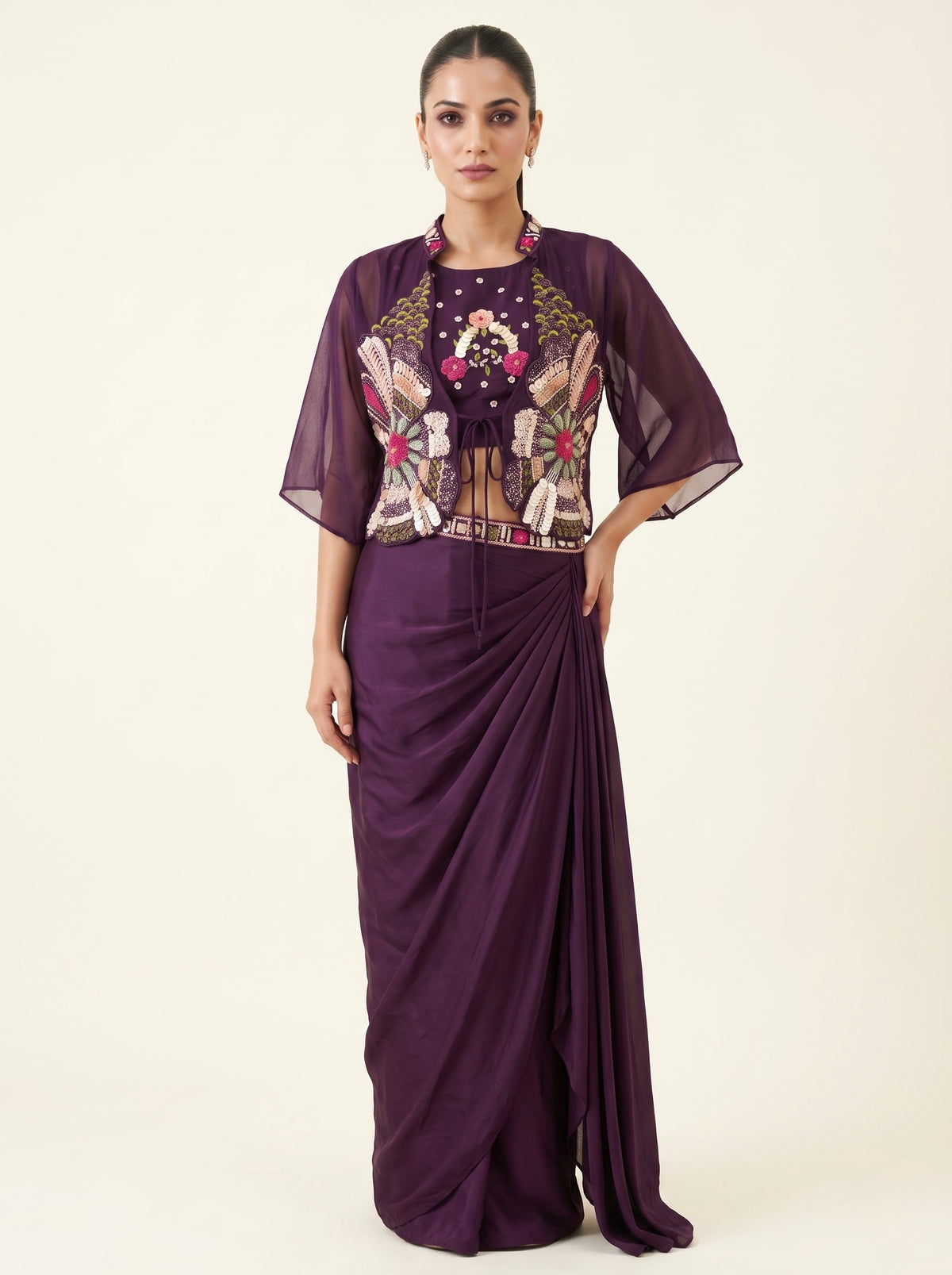 Purple Chinon Crepe Draped Skirt Set with Embroidered Crop Top & Cape Jacket