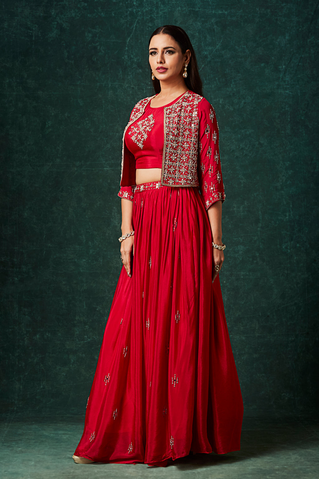 Crimson Red Lehenga Set with Embroidered Jacket – Three-Piece Wedding Wear