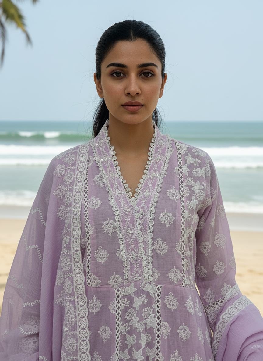 Lavender Chikankari Cotton Anarkali Suit for Women – Embroidered Ethnic Kurta Set