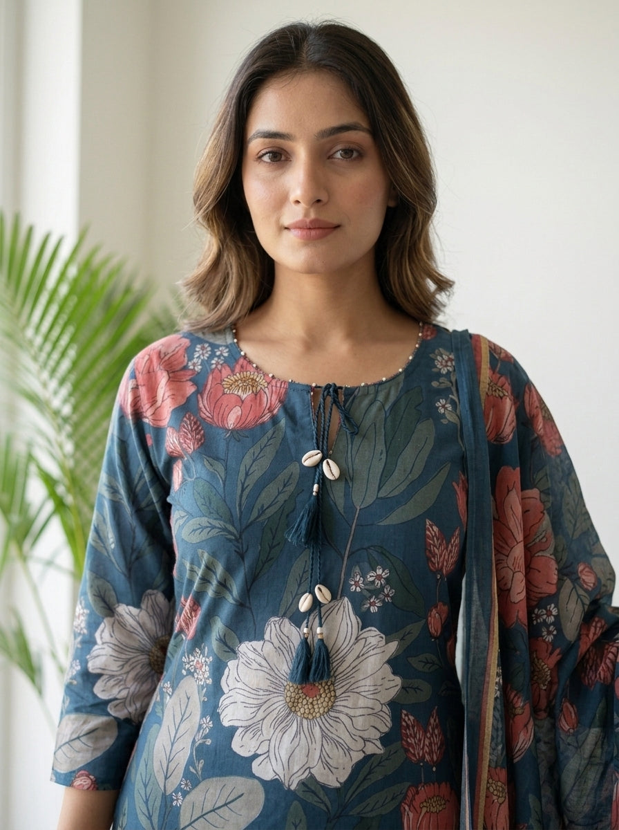 Blue Floral Print Cotton Kurta Pant Set with Dupatta