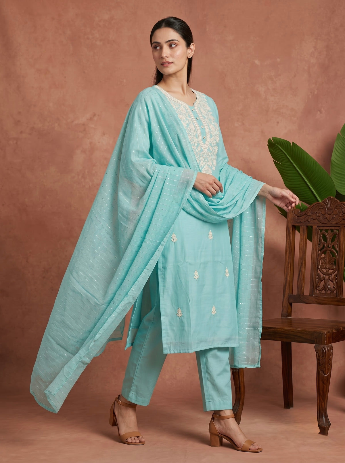 Sky Blue Chikankari Embroidered Slub Cotton Kurta Set