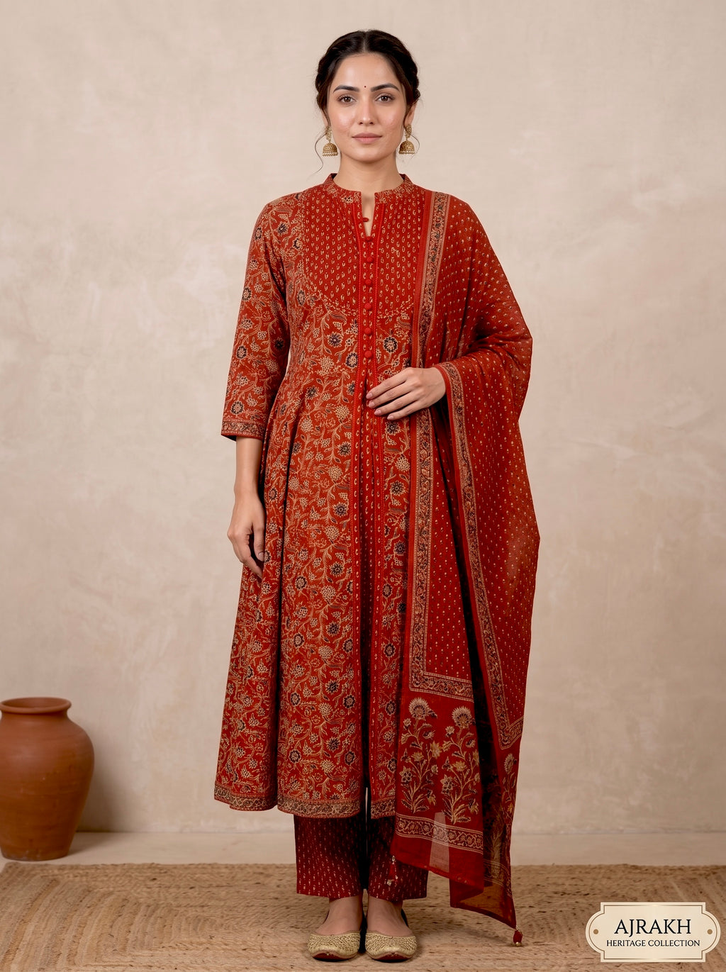 Red Ajrakh Printed Front Slit Anarkali Set