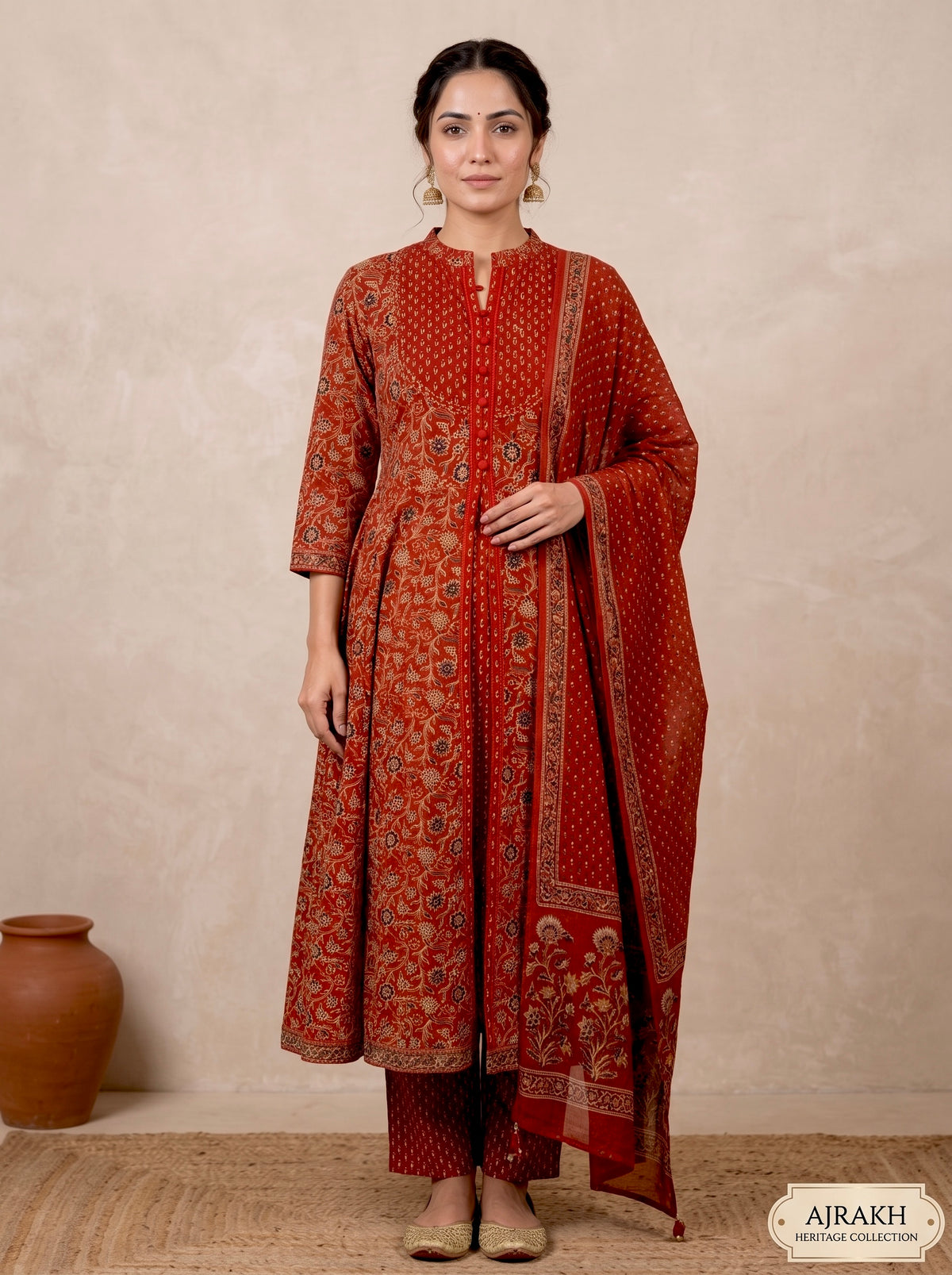 Red Ajrakh Printed Front Slit Anarkali Set
