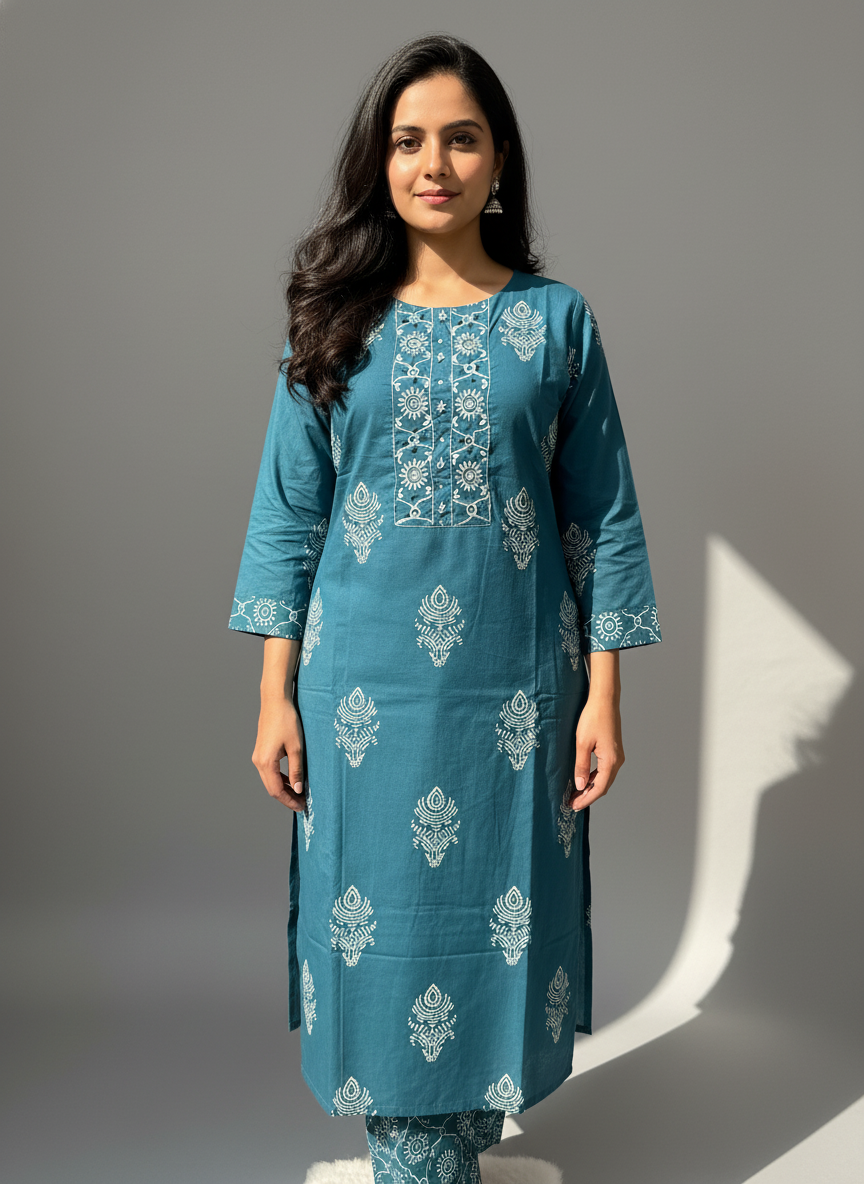 Teal Blue Mandala Print Cotton Kurta Set for Women – Daily Wear Ethnic Suit