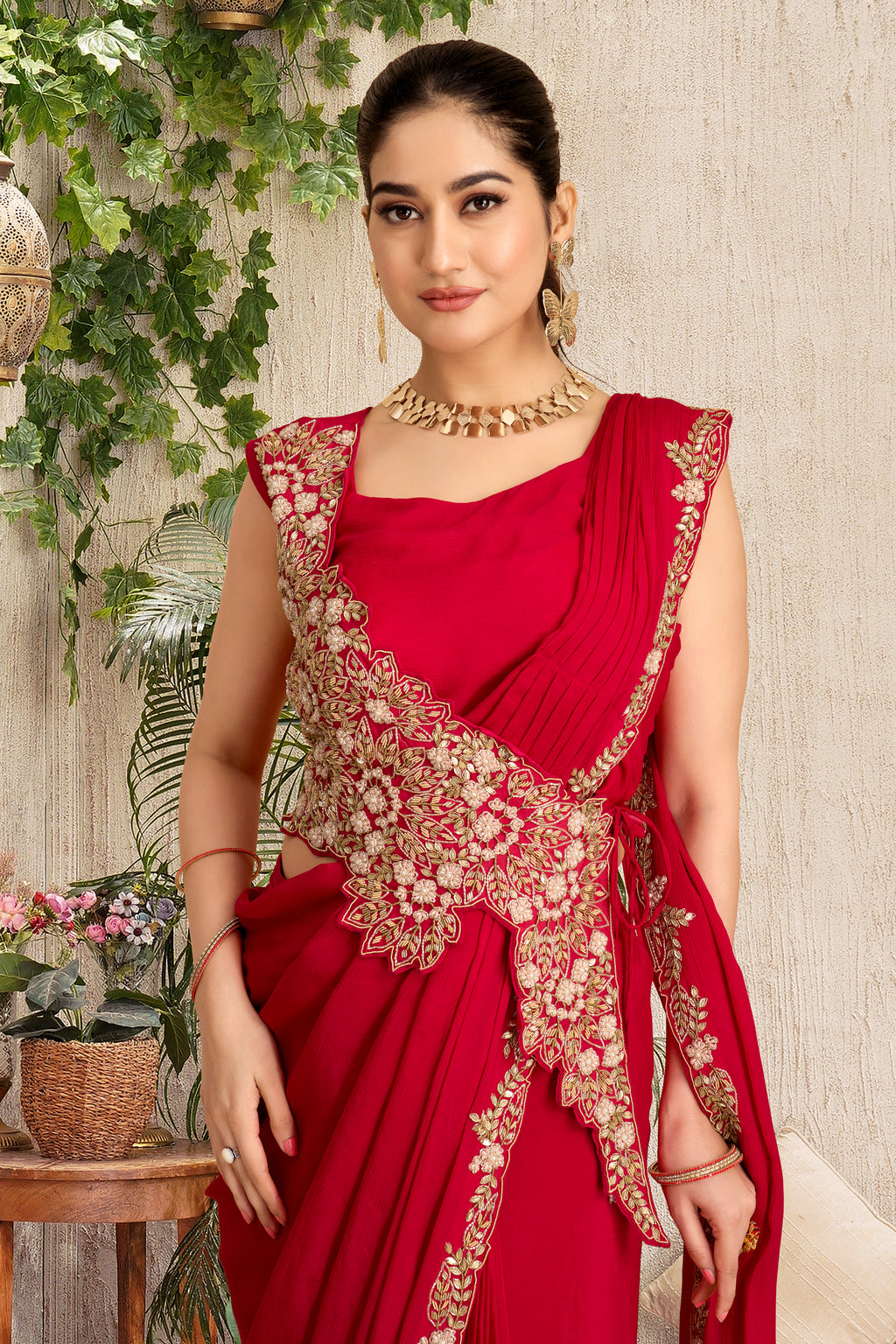 Scarlet Red Pre-Draped Saree Gown with Gold Embroidery
