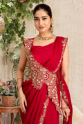 Scarlet Red Pre-Draped Saree Gown with Gold Embroidery