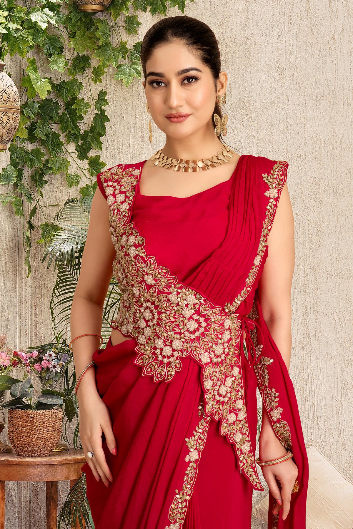 Scarlet Red Pre-Draped Saree Gown with Gold Embroidery