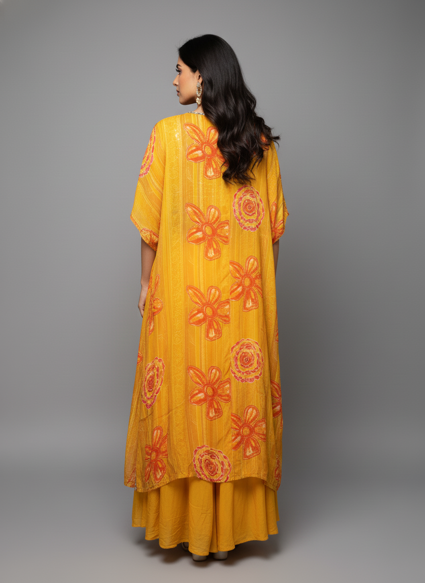 Sunshine Yellow Silk Indo-Western Set with Floral Shrug and Embroidered Crop Top