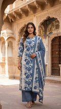 Indigo Blue Floral Print Cotton Kurta Set for Women – Straight Daily & Office Wear Suit with Bandhani Dupatta