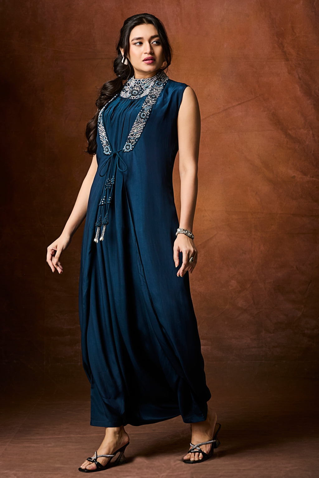Sapphire Blue Moroccan-Inspired Jumpsuit with Beaded Collar