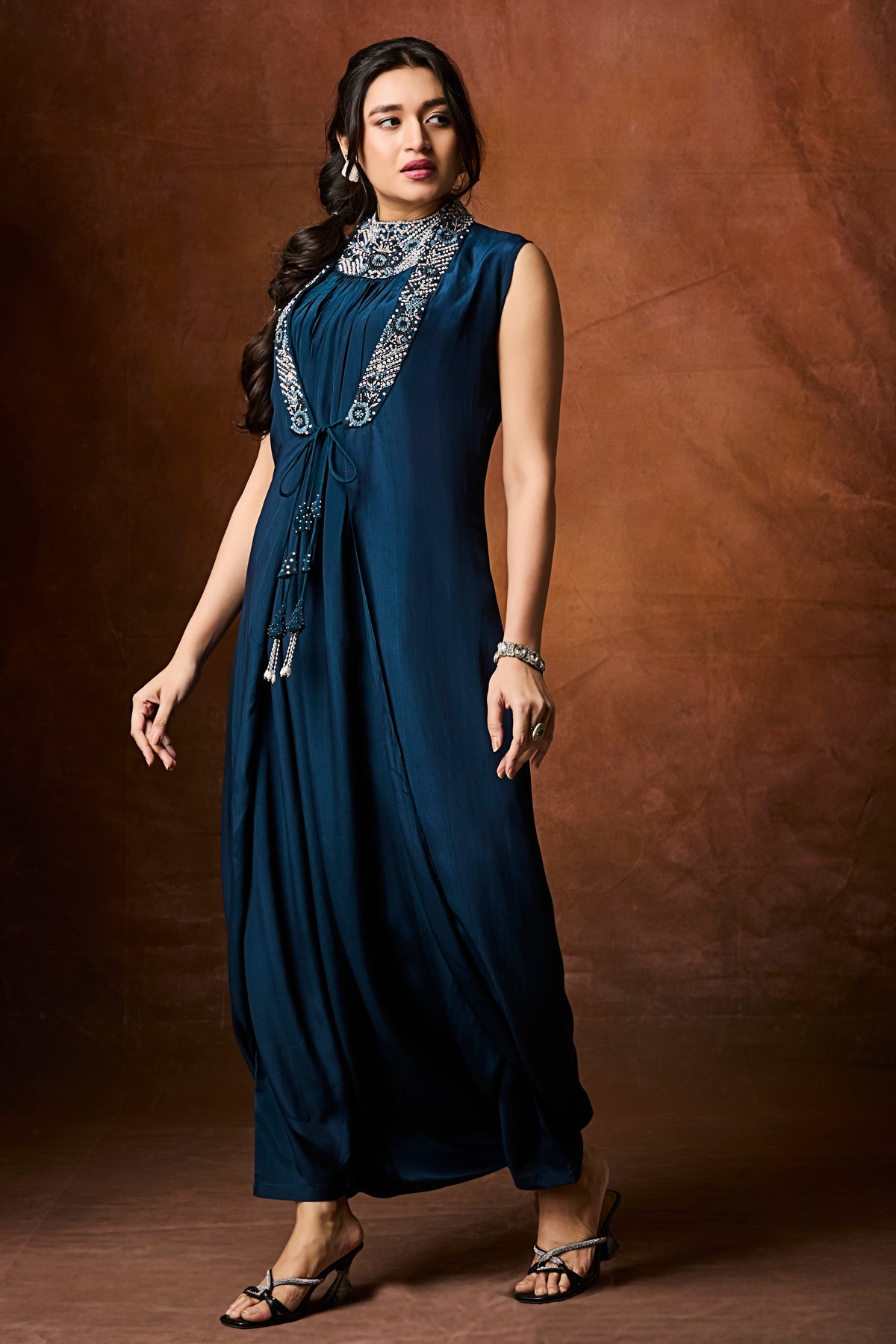 Sapphire Blue Moroccan-Inspired Jumpsuit with Beaded Collar
