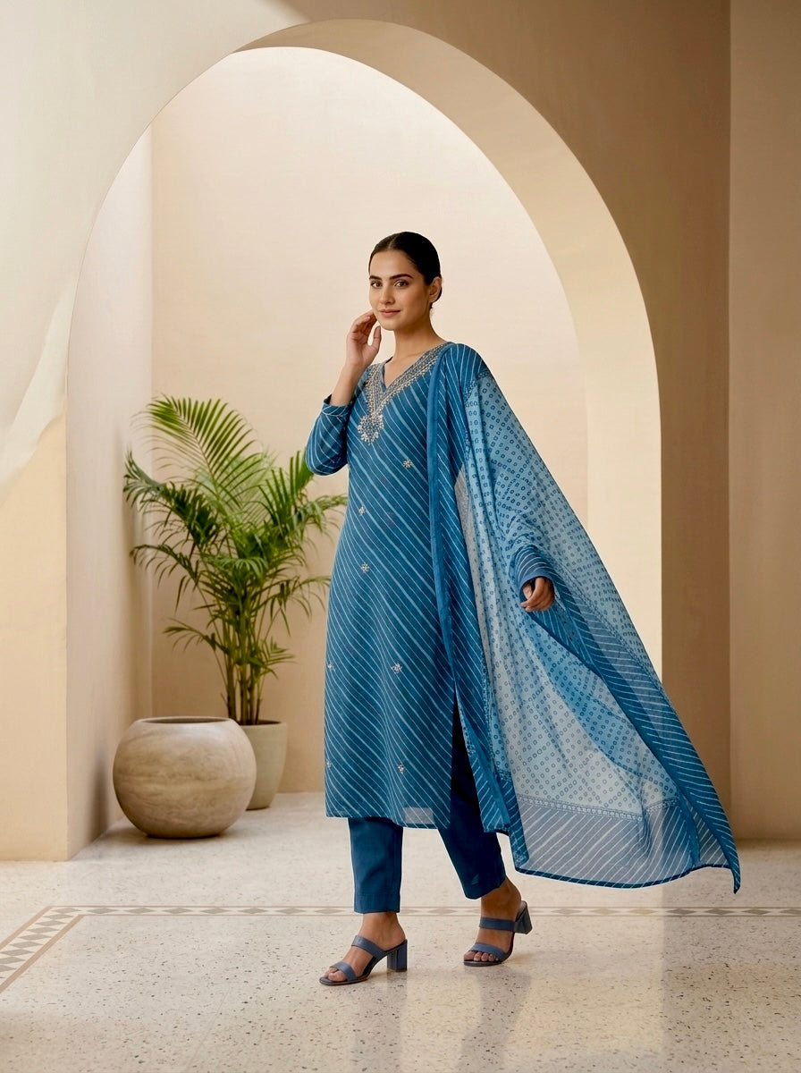 Teal Blue Leheriya Printed Kurta Pant Set with Dupatta