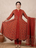 Red Ajrakh Printed Front Slit Anarkali Set