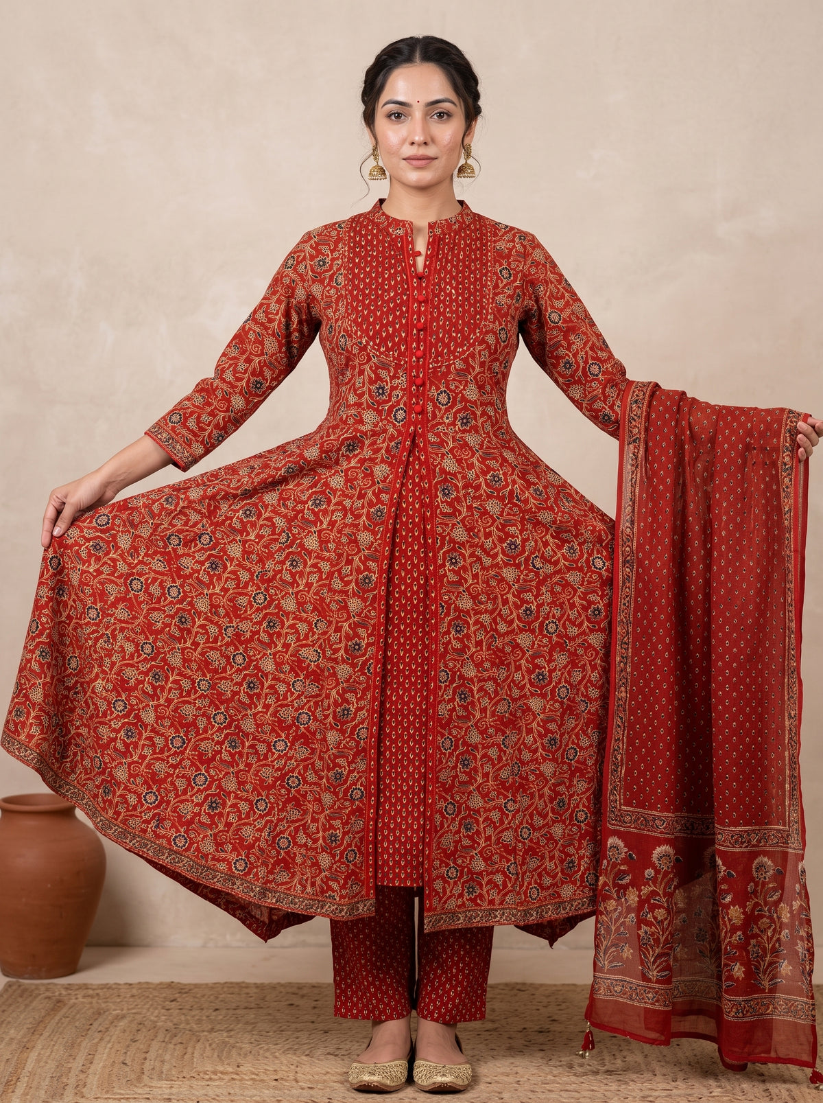 Red Ajrakh Printed Front Slit Anarkali Set