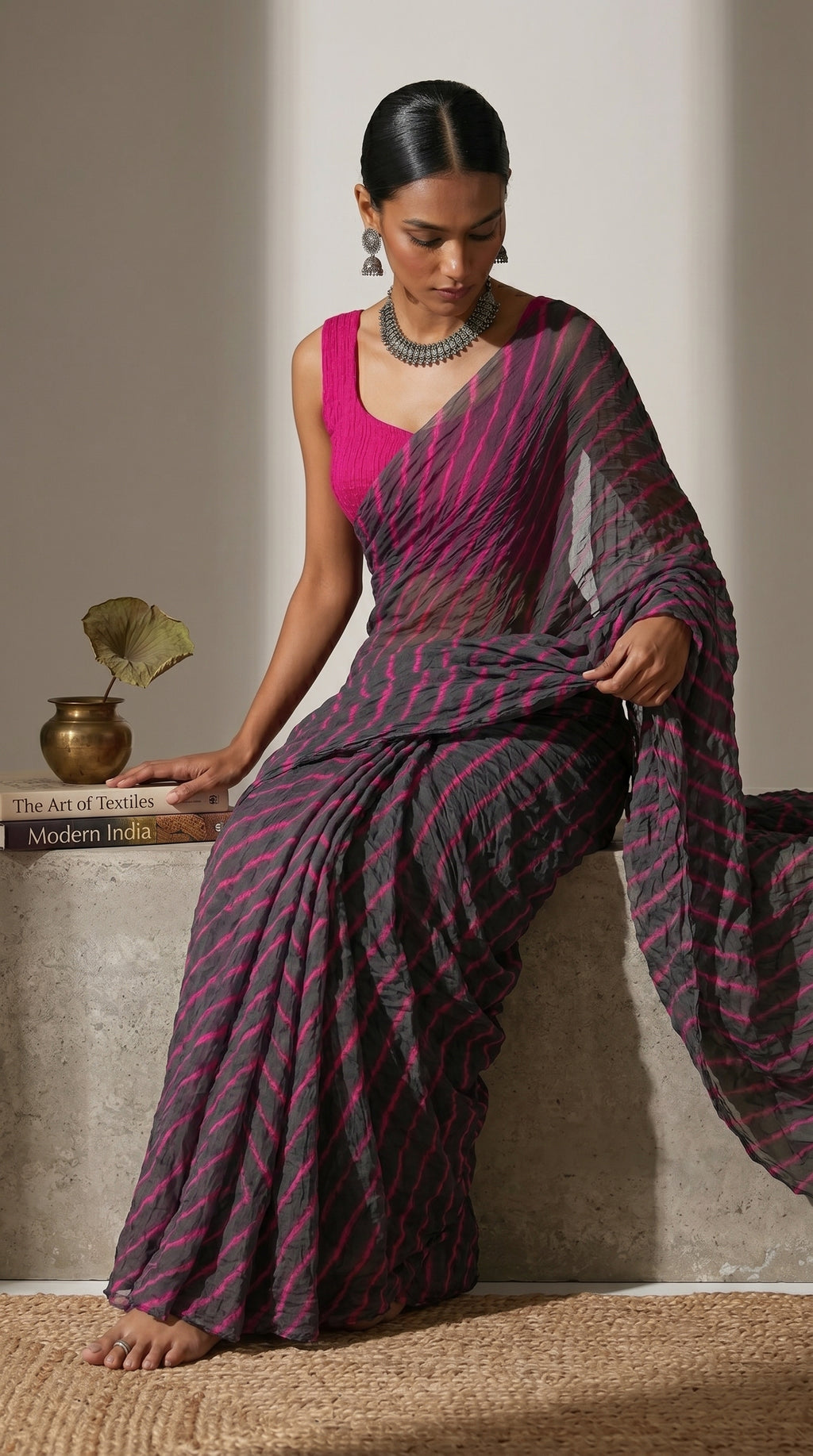 Grey & Pink Leheriya Georgette Saree with Blouse Piece